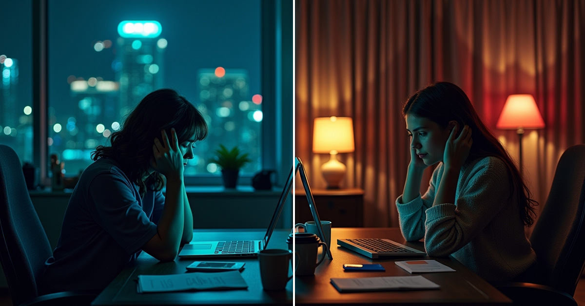Left side shows a tired professional in office attire at a desk with a laptop and books, illustrating signs of study burnout. Right side shows the same person at home, still working on assignments late at night. A digital clock displays 7:30 p.m., with visual cues like coffee mugs, sticky notes, and a buzzing phone nearby.