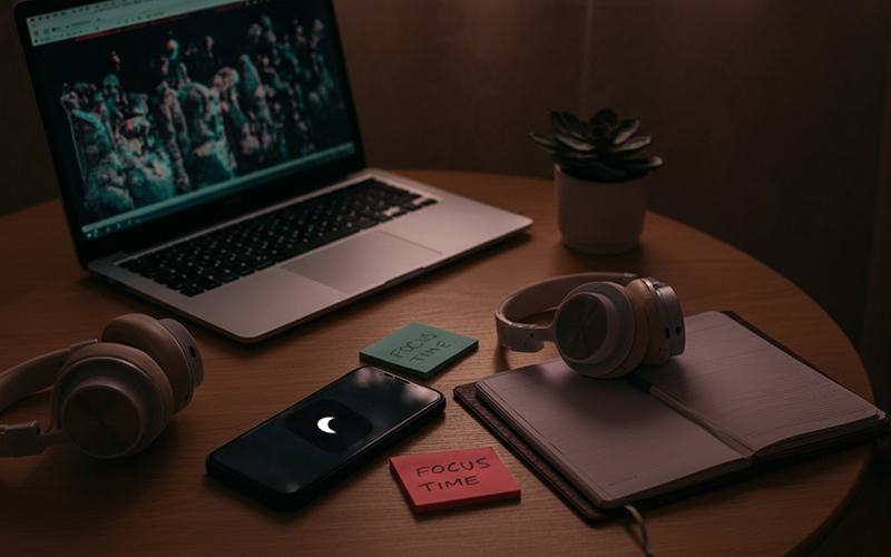 Tidy study corner in a shared space with tools to reduce study burnout—laptop, headphones, and “Focus Time” notes.