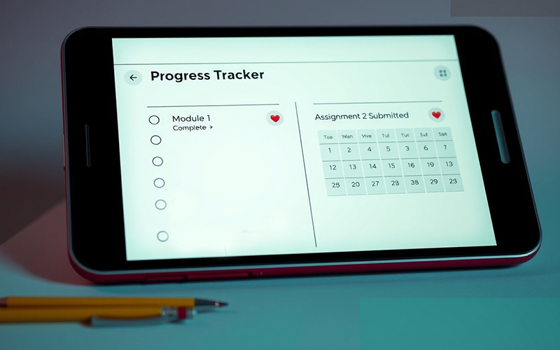 Digital progress tracker showing milestones and motivation to prevent study burnout—checkmarks, submitted tasks, and positive notes.