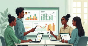An illustration of students and teachers using an LMS dashboard on mobile devices and laptops. Include visual cues like assignment uploads, progress bars, and notifications, with a subtle African classroom or school setting in the background.