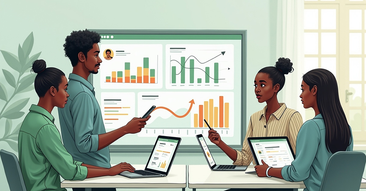 An illustration of students and teachers using an LMS dashboard on mobile devices and laptops. Include visual cues like assignment uploads, progress bars, and notifications, with a subtle African classroom or school setting in the background.