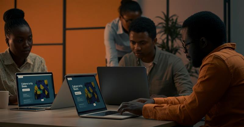 Team in Nigeria using employee training software for cybersecurity basics during a night training session.