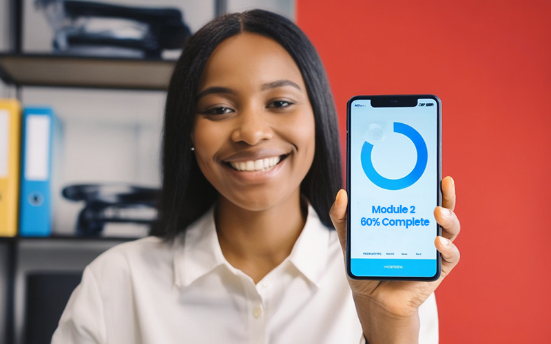 Young employee showing mobile progress on employee training software module in Nigeria.
