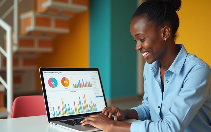 Nigerian HR professional reviewing progress data on employee training software dashboard.
