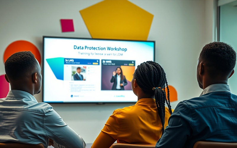 Employees attending a data protection workshop using employee training software in a Nigerian office.