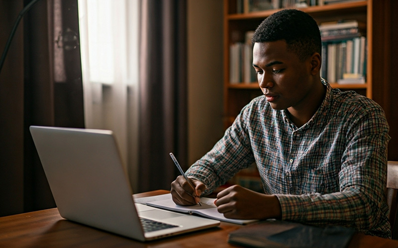 Nigerian student attending lectures from home using virtual classrooms on a laptop.