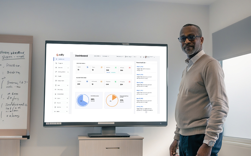 University administrator explaining learning data from a virtual classrooms dashboard in Nigeria.