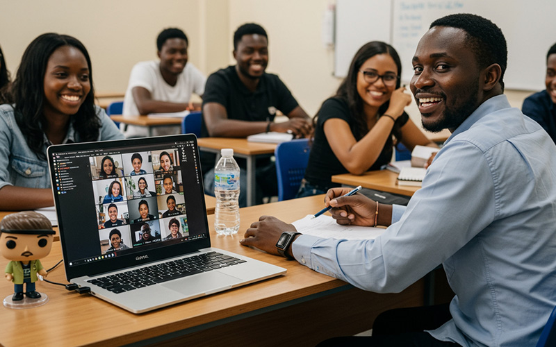 Nigerian university students using virtual classrooms for hybrid learning during a group session.