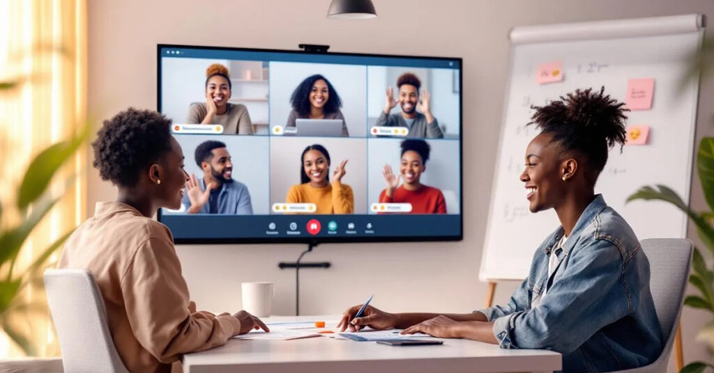 Students using engagement tools in a virtual classroom during a live video session, collaborating through online learning platforms"