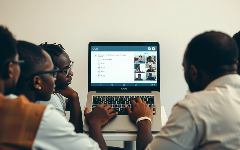 Students participating in a virtual classroom quiz using an online student engagement tool on a laptop