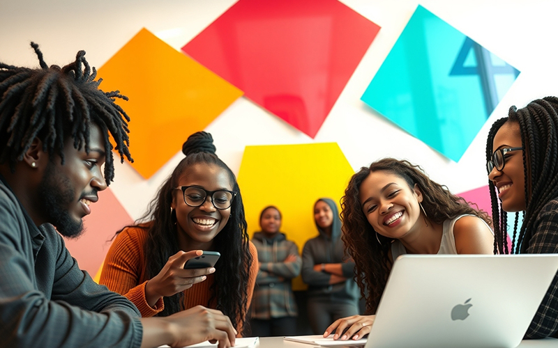 Group of students smiling and collaborating with digital devices using student engagement tools in a virtual classroom setting