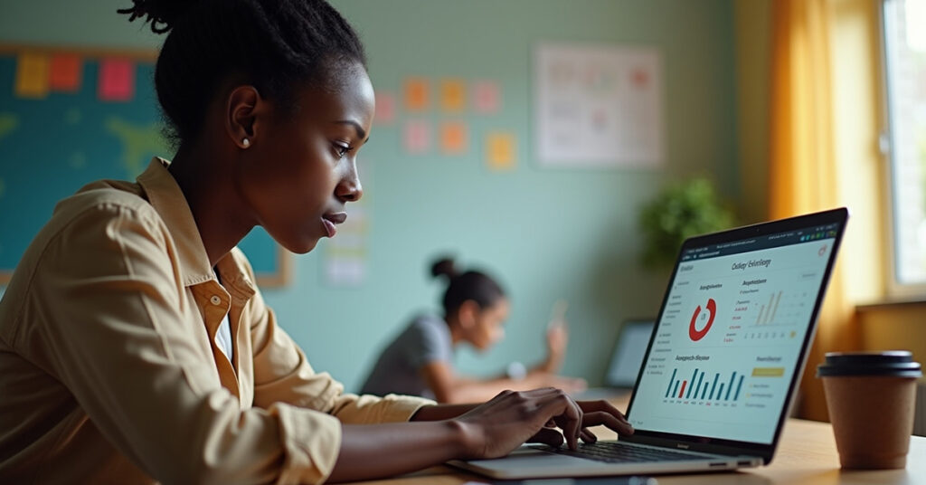 Educator analyzing student progress analytics tools dashboard on a laptop with performance charts and real-time data