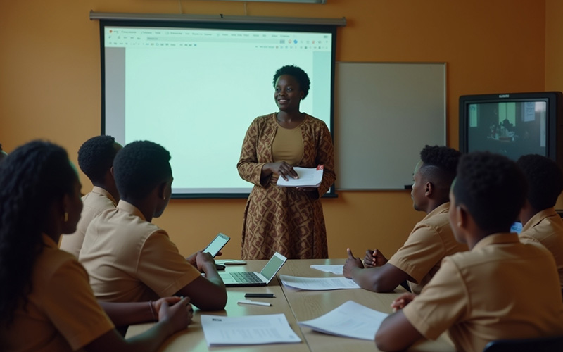 Teacher guiding students using LMS for African schools in a blended learning environment.