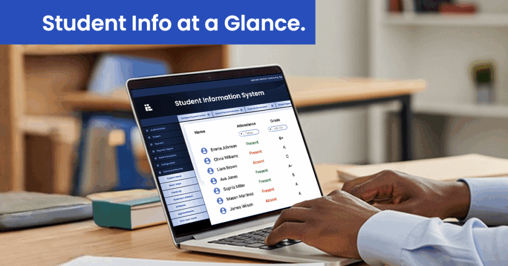 A teacher managing attendance and grades on a laptop with a student information system interface.