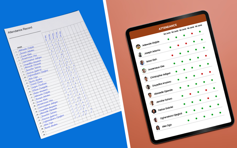 Comparison of paper attendance records and a digital student information system on a tablet.