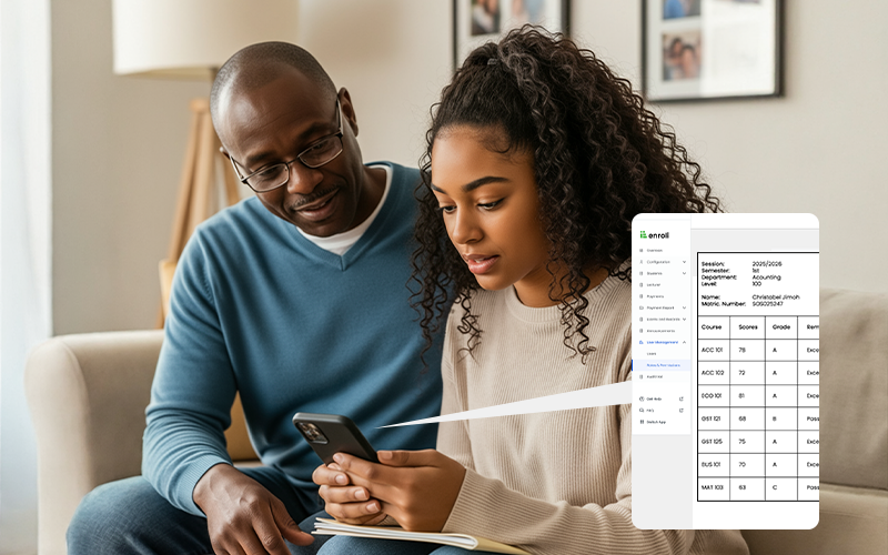A parent and student checking grades on a mobile app powered by a student information system.