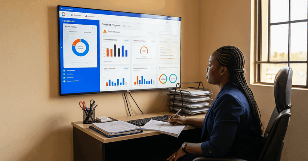 A school administrator reviewing academic dashboards on a large screen using a student information system in a Nigerian office.