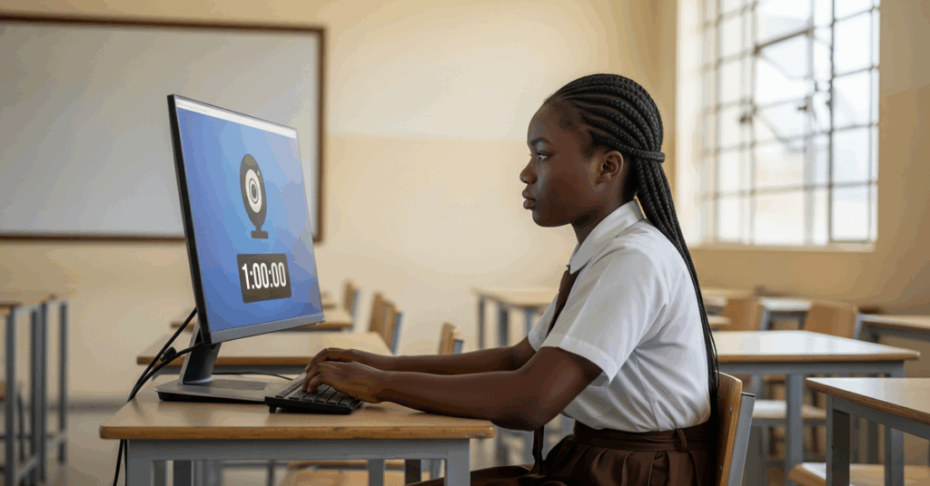 A student in a school computer lab taking secure online exams with a countdown timer on screen.