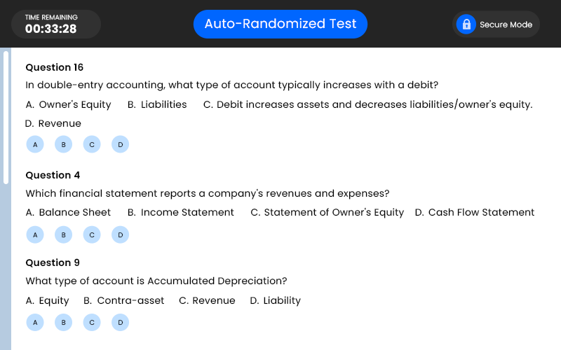 Auto-randomized test screen showing multiple-choice questions during secure online exams.

