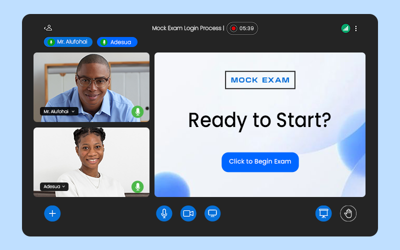 Students and instructors on a video call preparing to begin secure online exams with proctoring tools.