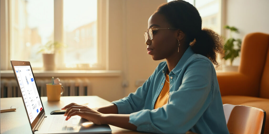 Woman exploring Studio onboarding guide while working on her laptop