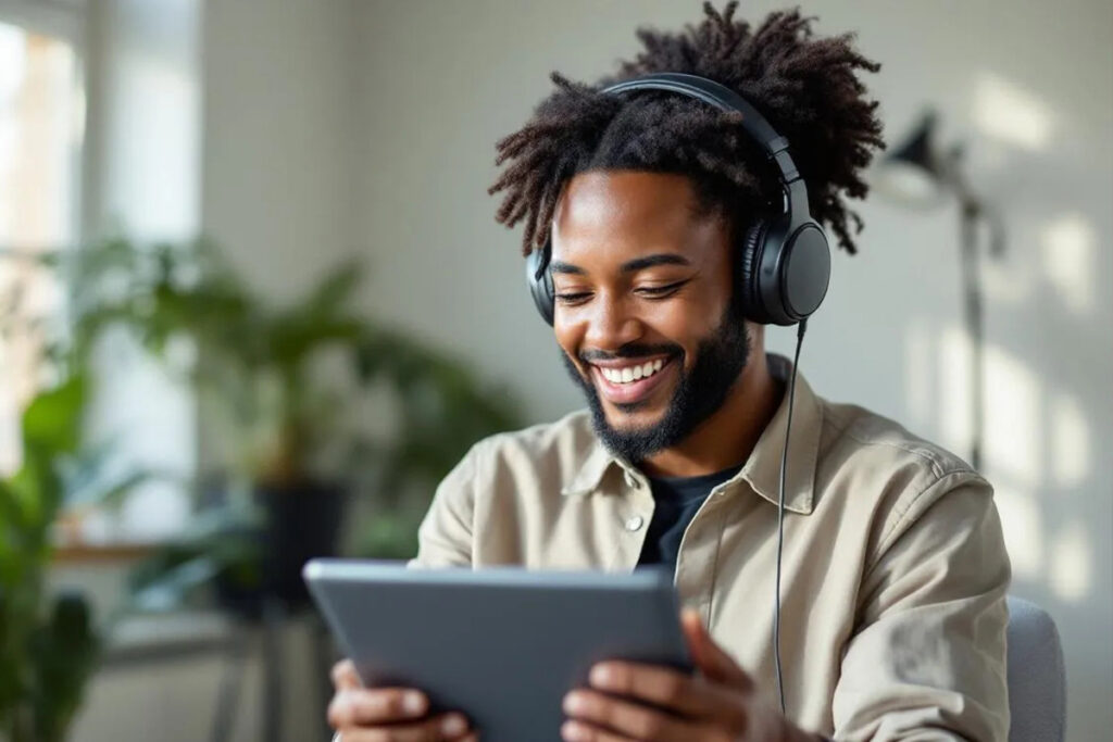 User attending a Studio meeting using headphones and a tablet at home