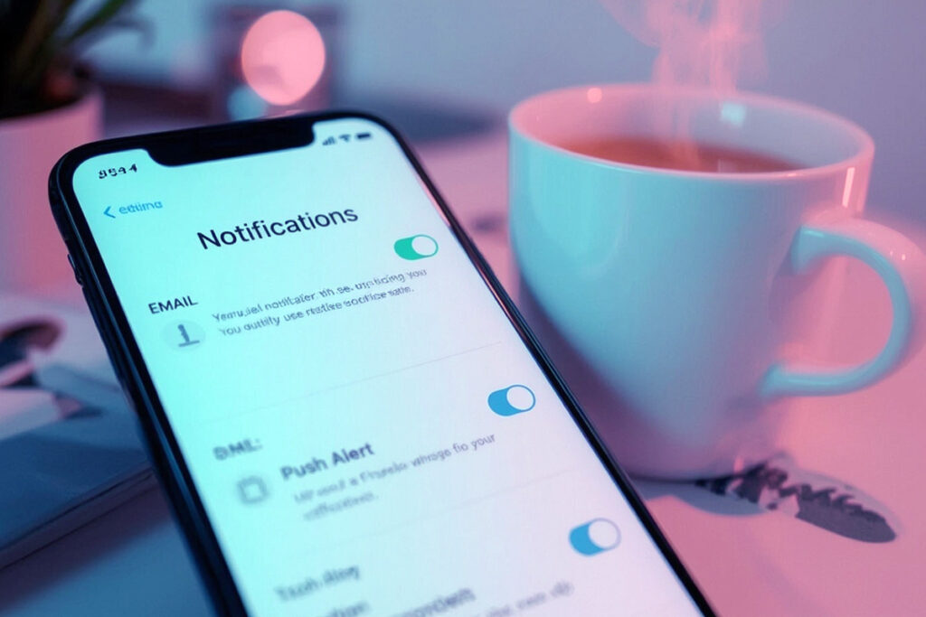 Studio notification settings screen on a smartphone next to a coffee cup
