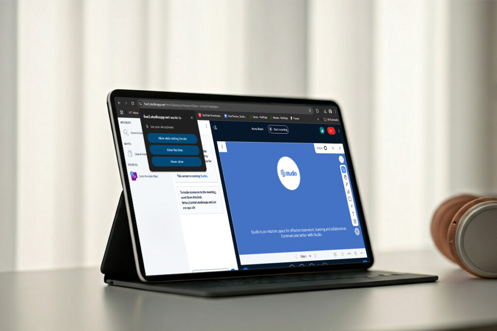 Team using tablet for their first meeting on Studio