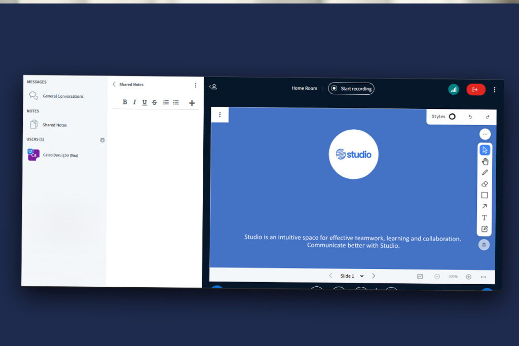 Collaborative tools shown on screen in first meeting on Studio