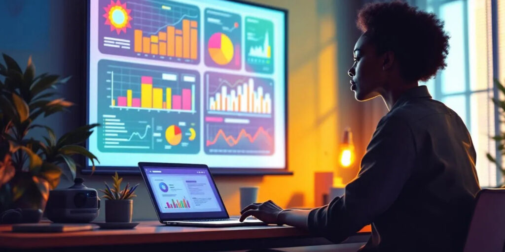 Woman analyzing multiple charts and graphs on a large screen, applying data analytics in e-learning to monitor student progress and outcomes.