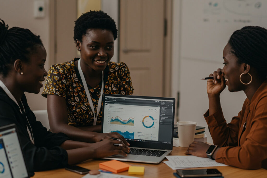 Three women discussing insights from a laptop dashboard on data analytics in e-learning, focusing on student engagement and course performance.