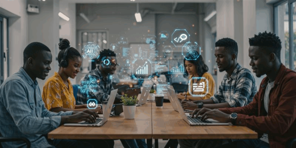 African professionals collaborating with advanced technology, symbolizing the digital-driven future of work in Africa.
