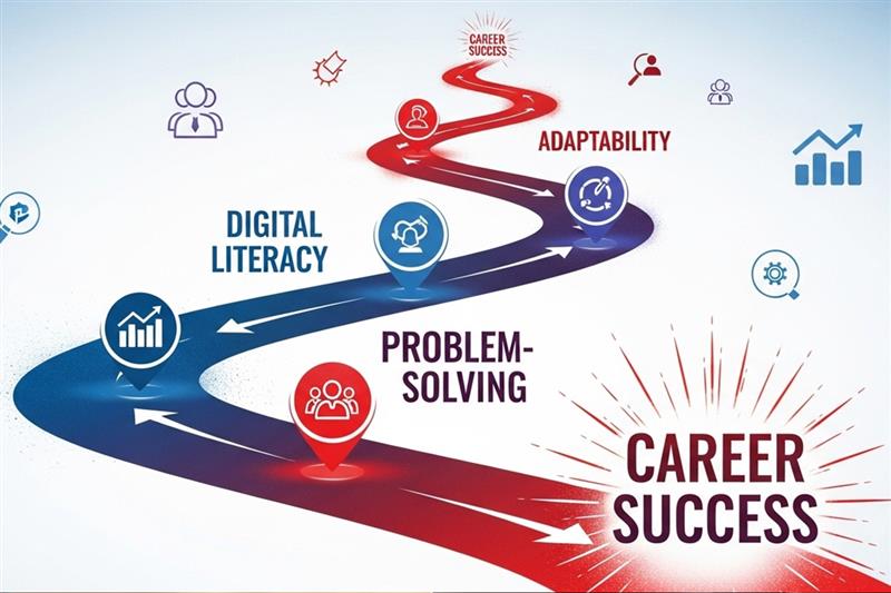 Illustration showing digital literacy, problem-solving, and adaptability as key skills shaping the future of work in Africa.