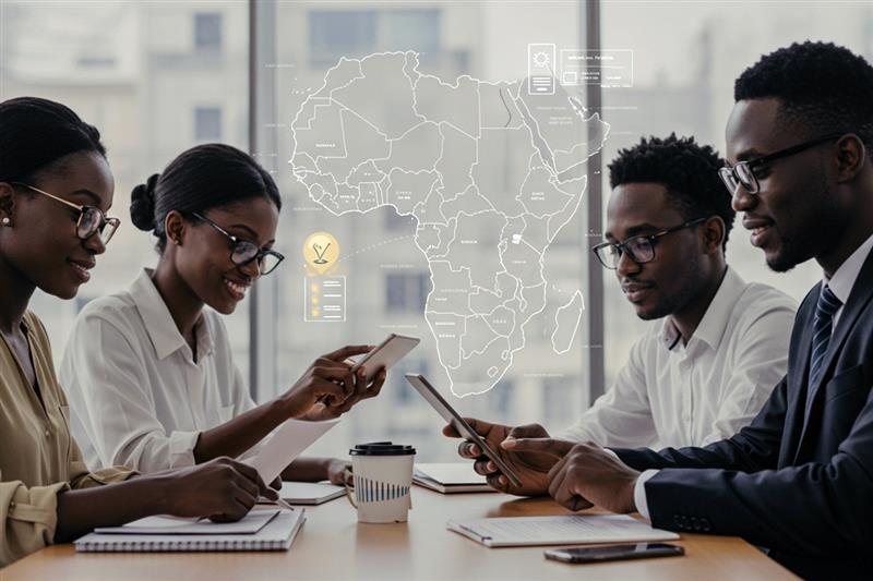 Business professionals discussing digital opportunities with a map of Africa, representing the future of work in Africa.