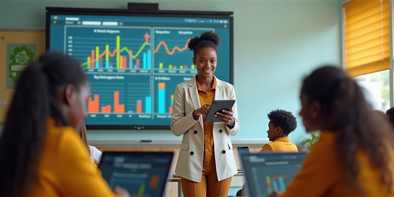 Teacher and students using a student information system to track academic performance in class.