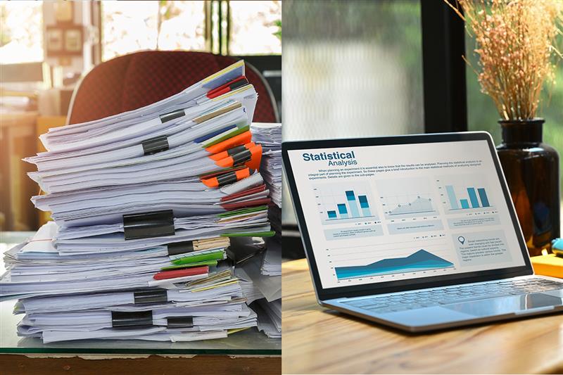 Comparison of traditional paper files and digital data management with a student information system.
