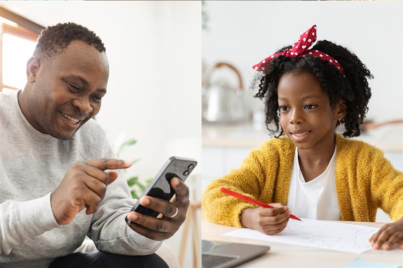 Parent using a student information system on mobile while child studies at home.