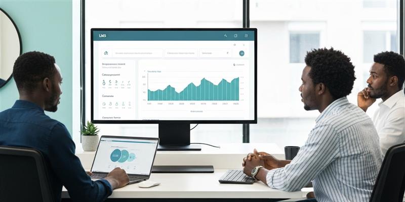 Managers reviewing performance analytics in a learning management system (LMS) software dashboard