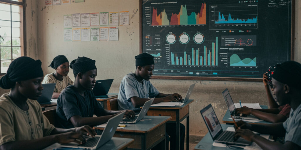 Classroom of students working on laptops with big data visualizations displayed on board.