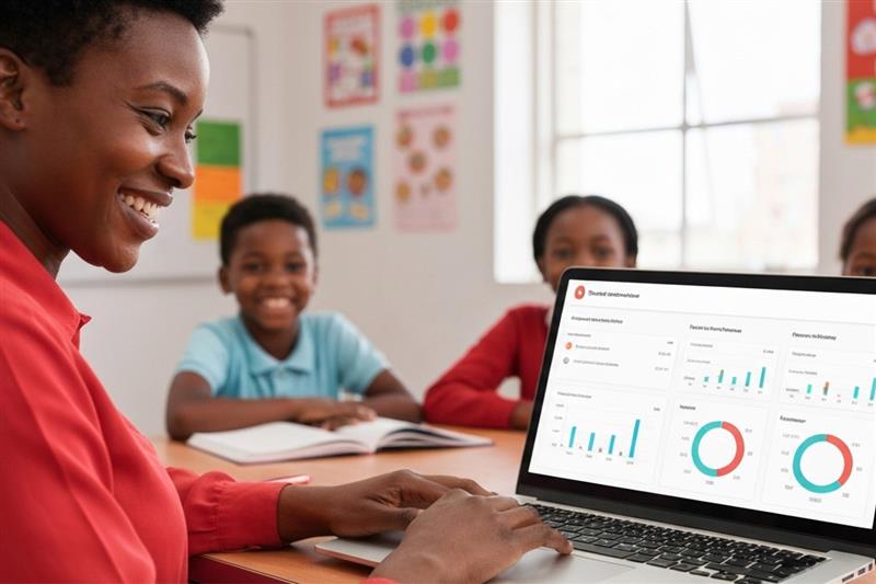 Teacher using laptop dashboard with charts to explain big data in education to students.