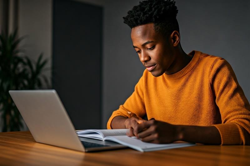 Young student using laptop and notes for learning with big data insights supporting education.