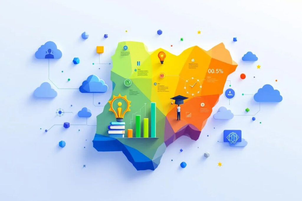 Illustration of Nigeria with education, technology, and big data analytics icons showing growth and innovation.
