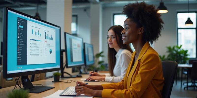 Employees working on LMS for employee training modules to build skills and monitor learning metrics.