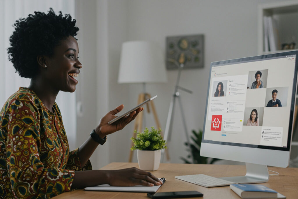 Professional using LMS for employee training to connect with remote colleagues through a video learning platform.
