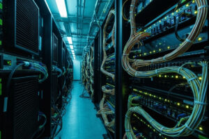 Data center racks with glowing servers and network cables supporting Cloud-based solutions infrastructure.