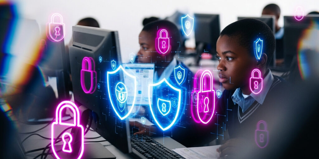 Nigerian students using computers with digital lock and shield icons symbolizing strong Cybersecurity in Nigerian Online Education