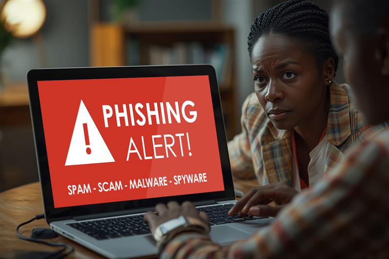 Teacher and student facing phishing alert warning on laptop – raising awareness of Cybersecurity in Nigerian Online Education.