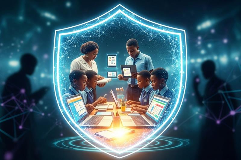 Students in Nigeria learning online with laptops, guided by teachers, protected by digital shield – Cybersecurity in Nigerian Online Education.
