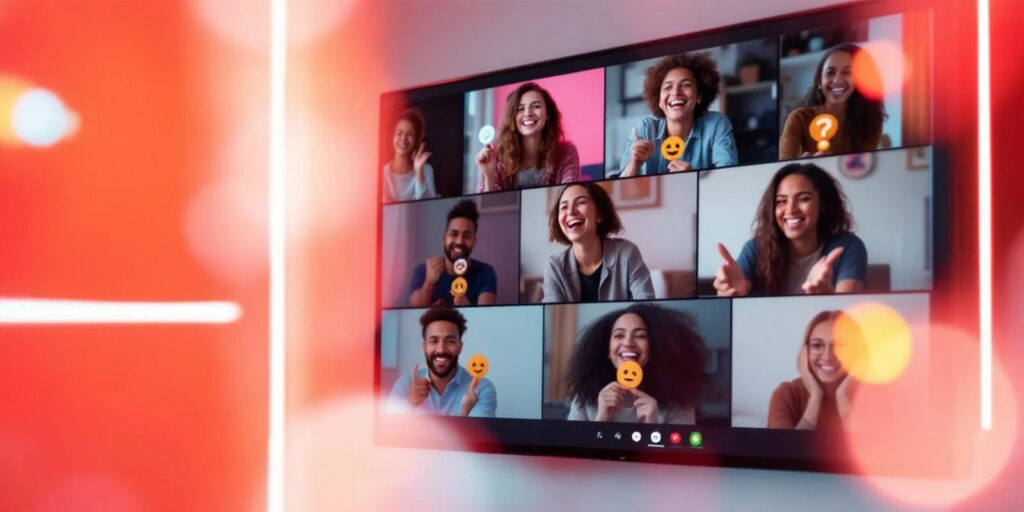 Team bonding through virtual meeting games on a video call, with participants laughing and reacting with emojis.