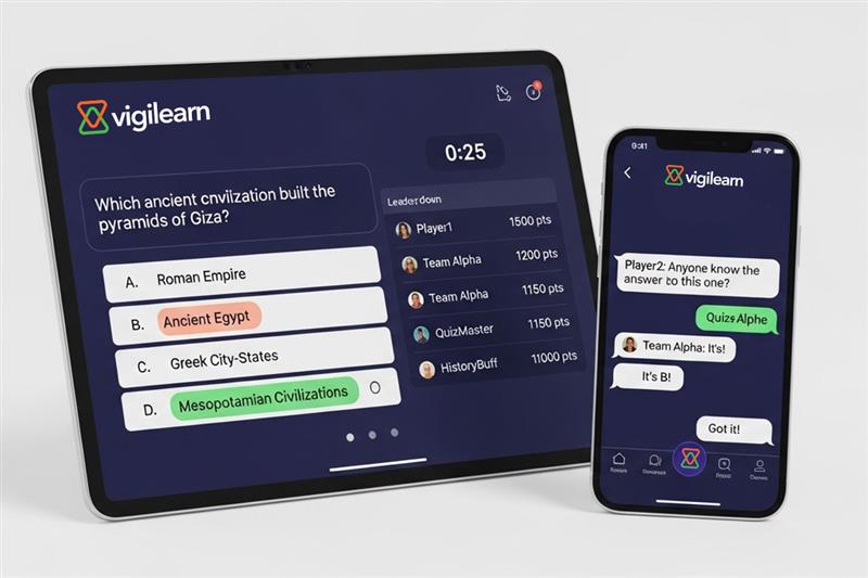 Interactive online quiz game displayed on tablet and mobile, perfect for engaging virtual meeting games.